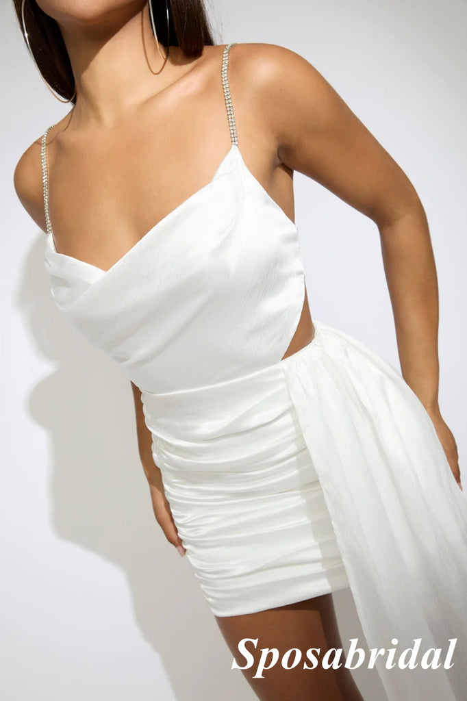 Sexy White Satin Spaghetti Straps Sleeveless Short Prom Dresses/Homecoming Dresses, PD3518