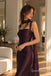 Chocolate Brown Satin Thick Strap Square Neck Sheath Floor Length Evening Dress With Choker Sash,PD4326