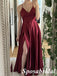 Soft Satin Spaghetti Straps V-Neck Side Slit A-Line Long Prom Dress Formal PD3995