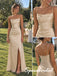 Champagne Satin Spaghetti Strap Cowl Neck Ruched Draped Waist High Slit Floor Length Sheath Bridesmaid Gown,BD3485