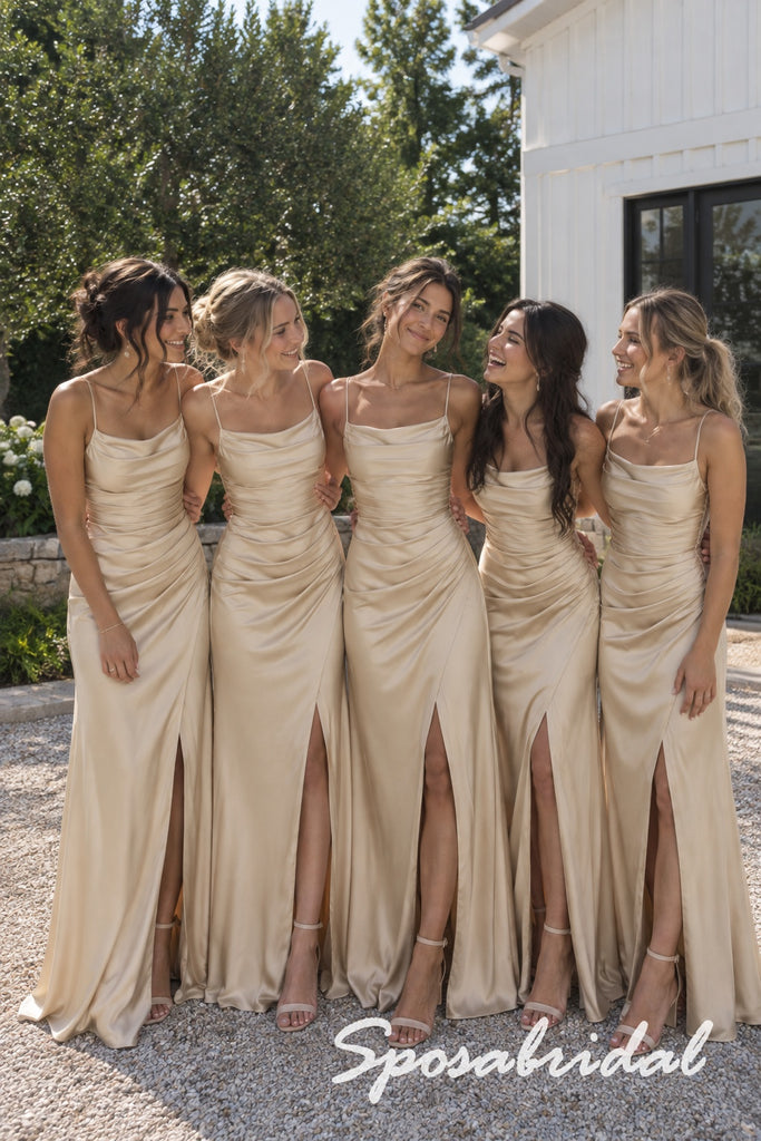 Champagne Satin Spaghetti Strap Cowl Neck Ruched Draped Waist High Slit Floor Length Sheath Bridesmaid Gown,BD3485