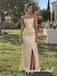 Champagne Satin Spaghetti Strap Cowl Neck Ruched Draped Waist High Slit Floor Length Sheath Bridesmaid Gown,BD3485