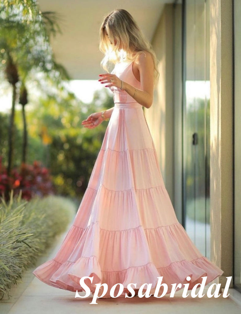 Sexy Pink Soft Satin Spaghetti Straps V-Neck A-Line Long Prom Dresses, PD3786