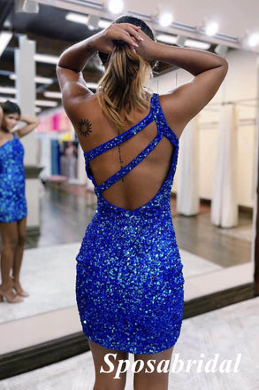 Sparkly Royal Blue Sequin One Shoulder Sheath Mini Dresses/ Homecoming Dresses, PD3555