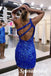 Sparkly Royal Blue Sequin One Shoulder Sheath Mini Dresses/ Homecoming Dresses, PD3555