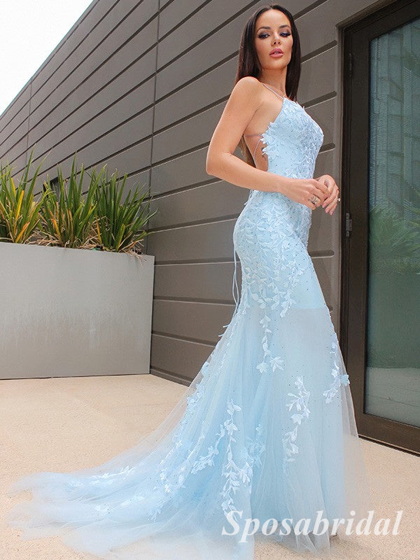 Sexy Tulle Spaghetti Straps Sleeveless Mermaid Long Prom Dresses With Applique,PD3721