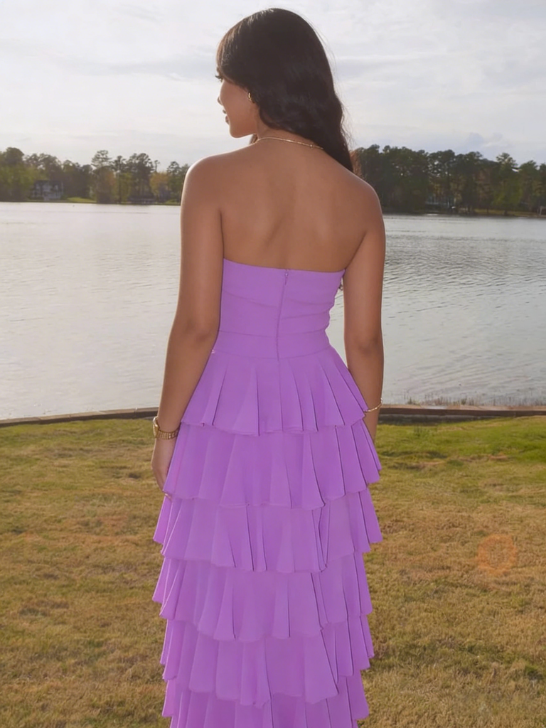 Lavender Purple Strapless Tiered Ruffle Maxi Dress for Prom & Formal Events, PD4126