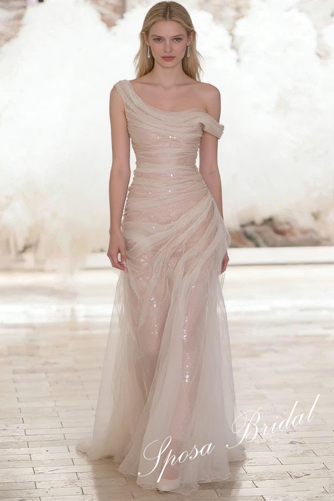 Elegant Asymmetrical Strpas Tulle and Sequin Sleeveless Mermaid Prom Dress, PD4070