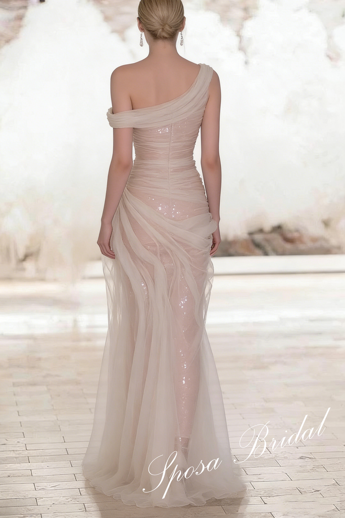 Elegant Asymmetrical Strpas Tulle and Sequin Sleeveless Mermaid Prom Dress, PD4070