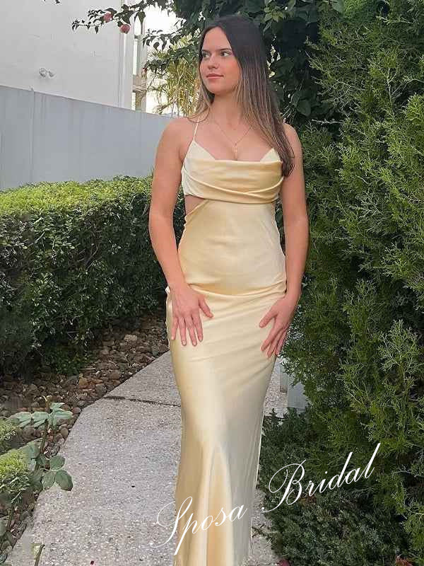 Sexy Soft Satin Spaghetti Straps Sleeveless Criss-Cross Sheath Floor Length Prom Dress, PD4076