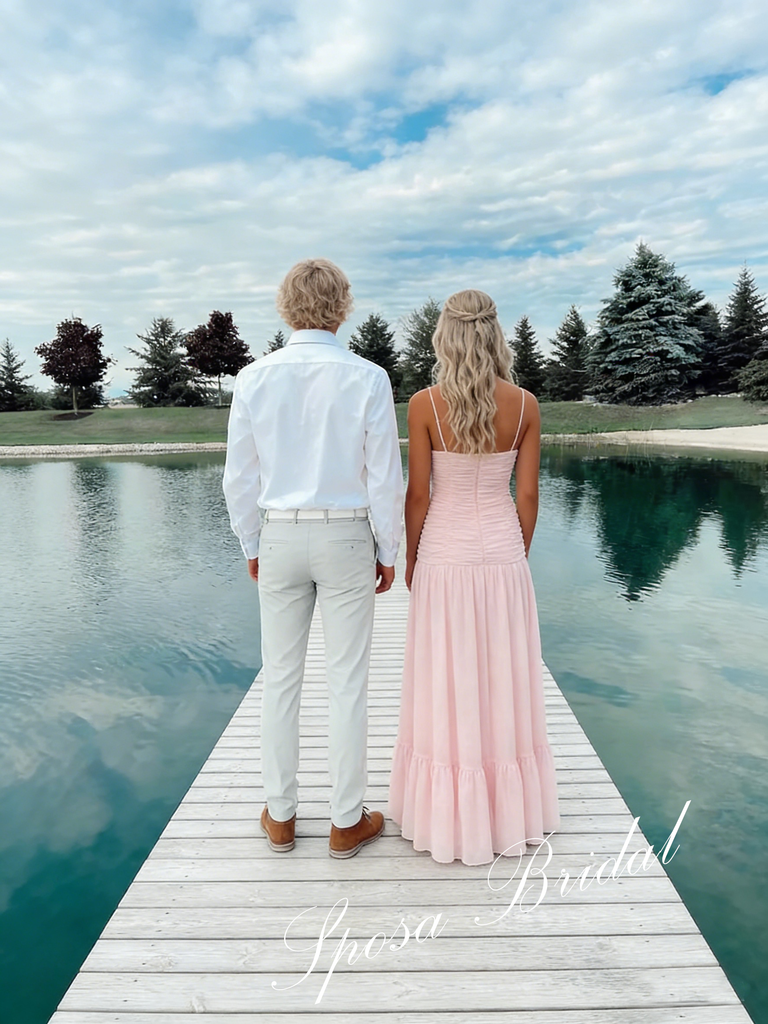 Sweet Chiffon Spaghetti Straps V-Neck Sleeveless A-Line Floor Length Graduation Dress, PD4083