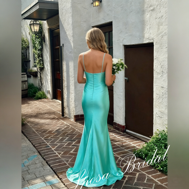 Sexy Soft Satin Spaghetti Straps Sleeveless Side Slit Mermaid Floor Length Prom Dress, PD4079