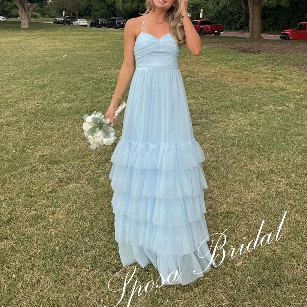 Elegant Chiffon Spaghetti Straps Ruffled Criss Cross A-Line Floor Length Prom Dress, PD4089