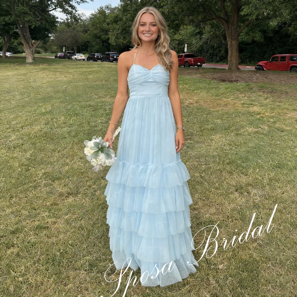 Elegant Chiffon Spaghetti Straps Ruffled Criss Cross A-Line Floor Length Prom Dress, PD4089