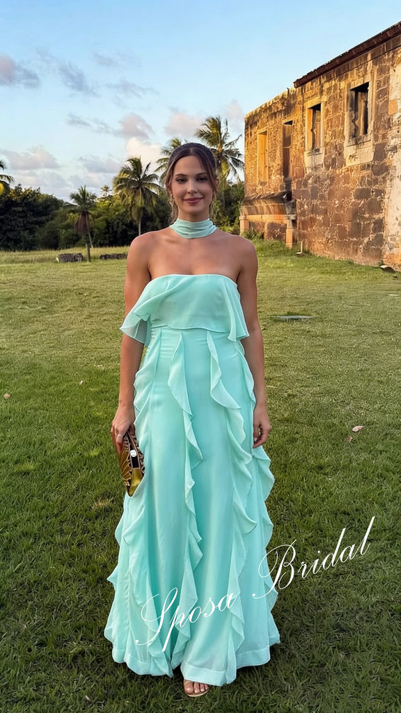 Sexy Chiffon Sweetheart Sleeveless Ruffled A-Line Floor Length Wedding Guest Dress, PD4096