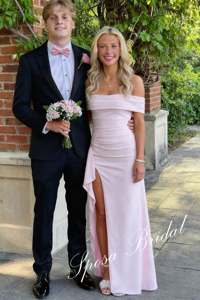 Sexy Crepe Off Shoulder Sleeveless Ruffles Side Slit Mermaid Maxi Prom Dress, PD4098