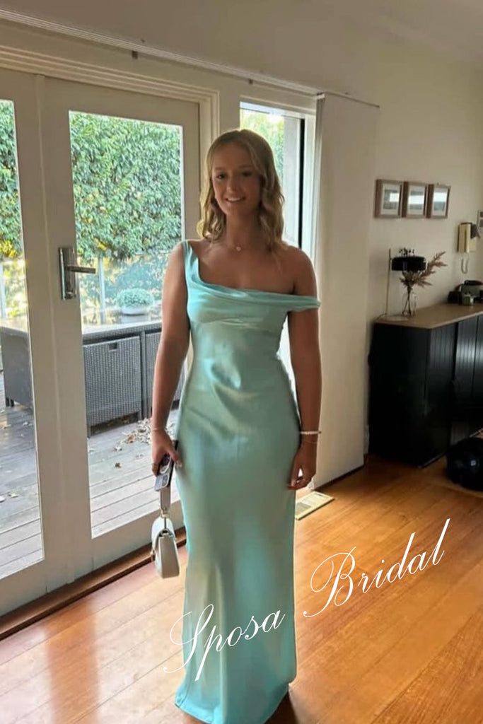 Sexy Soft Satin Asymmetrical Neck Sleeveless Mermaid Floor Length Prom Dress, PD4100