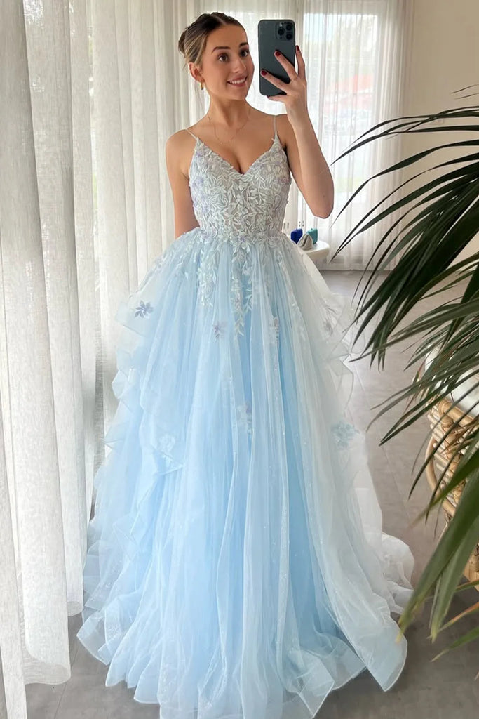 Sexy Tulle Spaghetti Straps V-Neck Sleeveless A-Line Floor Length Prom Dress With Appliques, PD4106