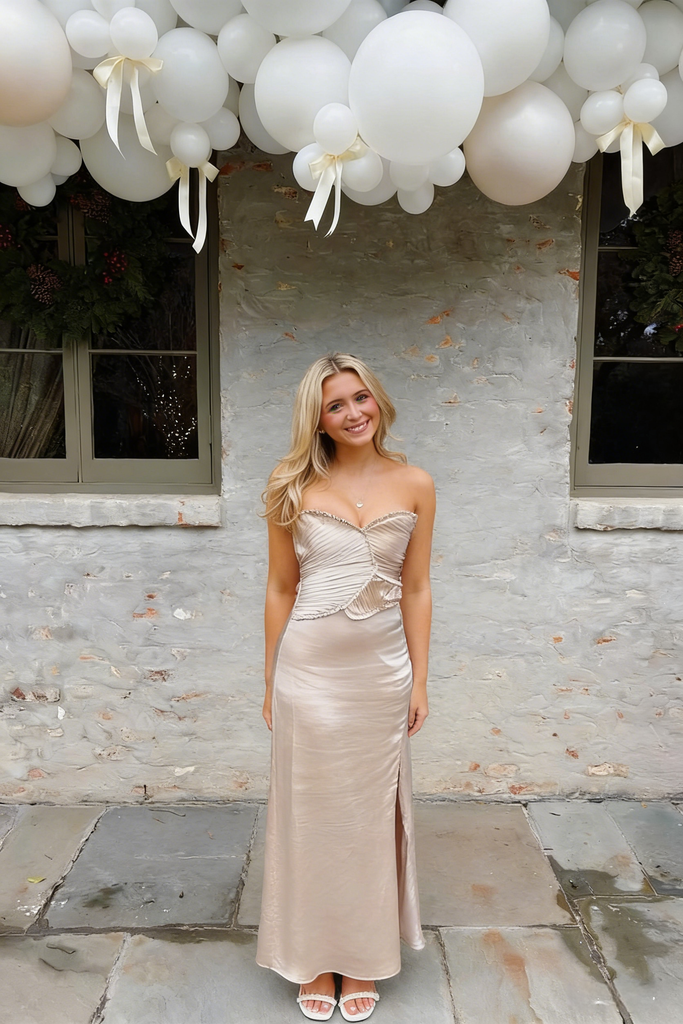 Shiny Soft Satin Sweetheart Pleated Sheath Floor Length Prom Dress With Split, PD4109