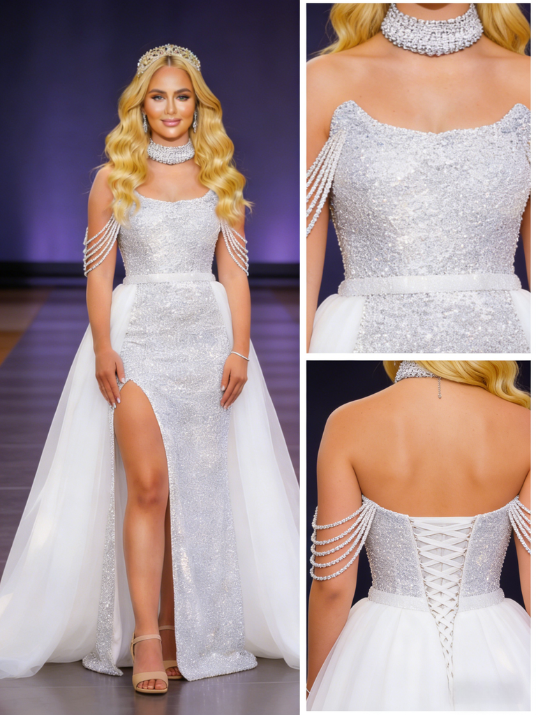 Silver Sequin Mermaid Prom Dress with Detachable Tulle Train and Crystal Straps, PD4124