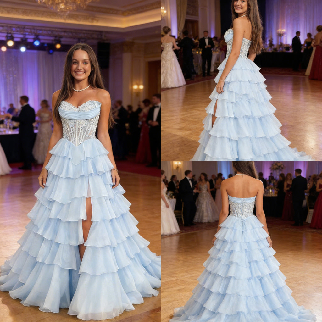 Sexy Light-Blue Chiffon Sweetheart Boning Pleated A-Line Floor Length Prom Dress With Split, PD4110