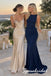 Navy Jersey Ruched Boat Neck Low Back Floor Length Mermaid Evening Gown, PD4302