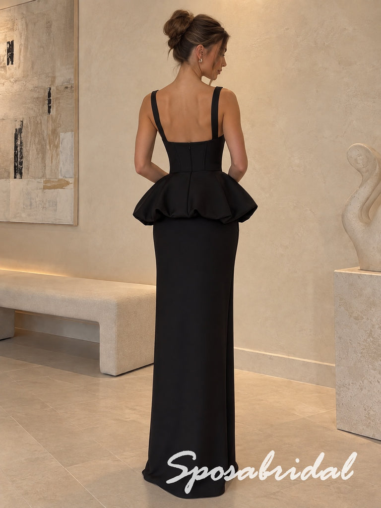 Black Satin Thick Strap Square Neck Structured Corset Bubble Peplum Floor Length Column Formal Gown, PD4303