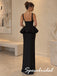 Black Satin Thick Strap Square Neck Structured Corset Bubble Peplum Floor Length Column Formal Gown, PD4303