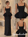 Black Satin Thick Strap Square Neck Structured Corset Bubble Peplum Floor Length Column Formal Gown, PD4303