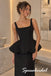 Black Satin Thick Strap Square Neck Structured Corset Bubble Peplum Floor Length Column Formal Gown, PD4303