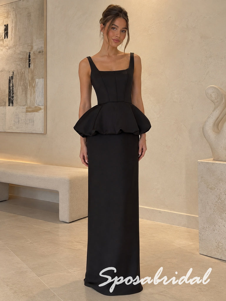 Black Satin Thick Strap Square Neck Structured Corset Bubble Peplum Floor Length Column Formal Gown, PD4303