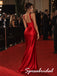 Red Satin Pleated Deep V Corset Backless Floor Length Mermaid Evening Gown, PD4297