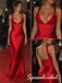 Red Satin Pleated Deep V Corset Backless Floor Length Mermaid Evening Gown, PD4297