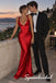 Red Satin Pleated Deep V Corset Backless Floor Length Mermaid Evening Gown, PD4297