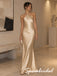 Champagne Satin Knotted Halter Open Back Floor Length Mermaid Evening Gown, PD4298