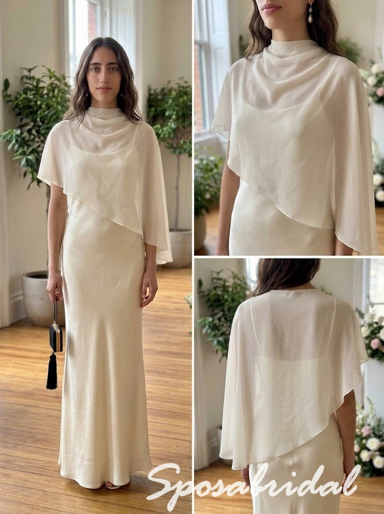 Ivory Satin Chiffon Cape Cowl High Neck Floor Length Sheath Prom Dress, PD4291