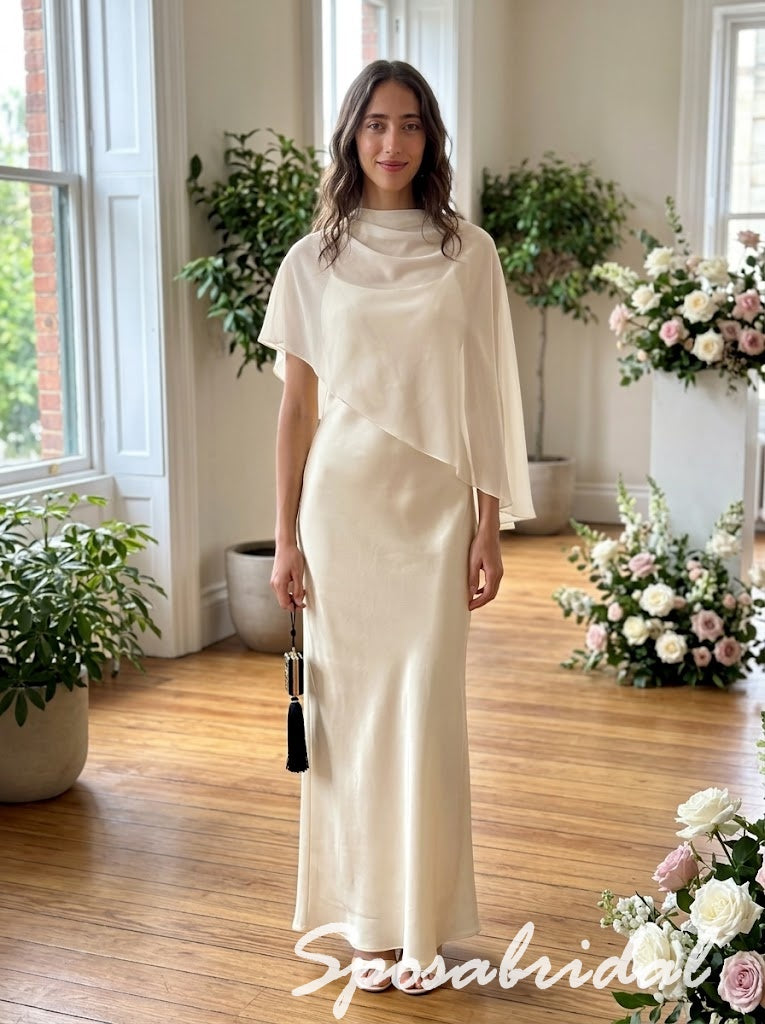 Ivory Satin Chiffon Cape Cowl High Neck Floor Length Sheath Prom Dress, PD4291