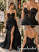 Black Satin Lace Sweetheart High Slit Floor Length Mermaid Evening Gown, PD4299