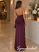 Burgundy Jersey Ruched Strapless High Slit Floor Length Column Evening Gown, PD4300