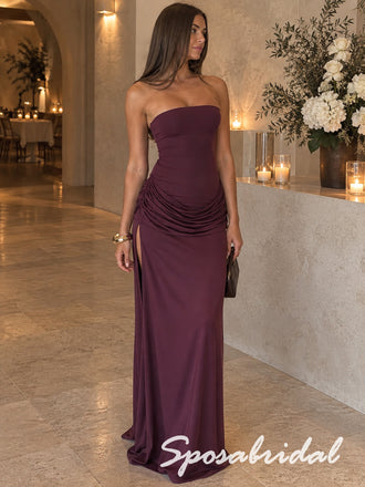 Burgundy Jersey Ruched Strapless High Slit Floor Length Column Evening Gown, PD4300