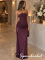 Burgundy Jersey Ruched Strapless High Slit Floor Length Column Evening Gown, PD4300