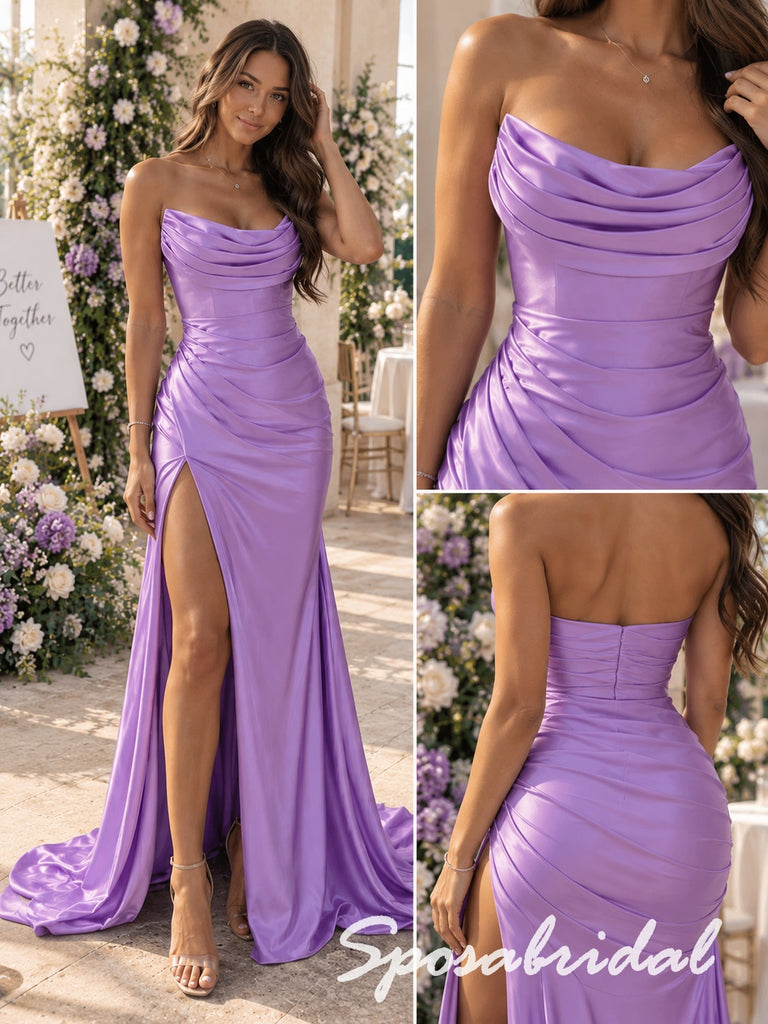 Lavender Satin Draped Strapless High Slit Floor Length Mermaid Evening Gown, PD4301