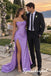 Lavender Satin Draped Strapless High Slit Floor Length Mermaid Evening Gown, PD4301