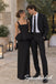 Black Satin Thick Strap Square Neck Structured Corset Bubble Peplum Floor Length Column Formal Gown, PD4303