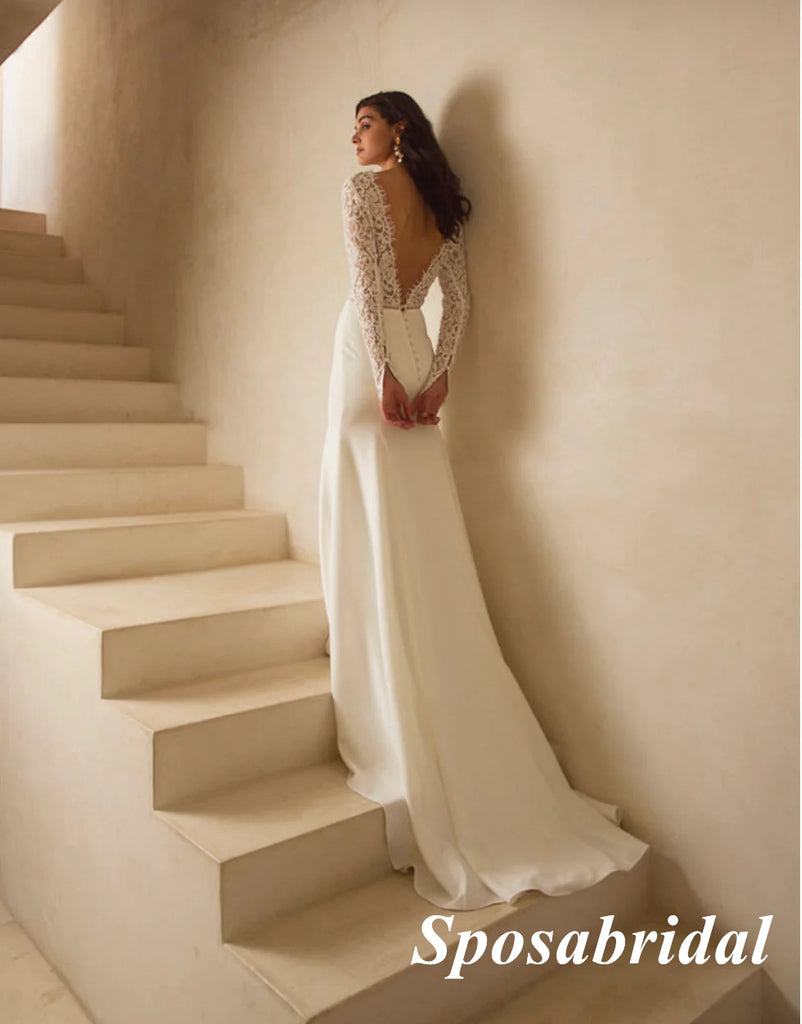 Elegant Lace and Chiffon Long Sleeves Open Back Mermaid Long Wedding Dresses, WD3104