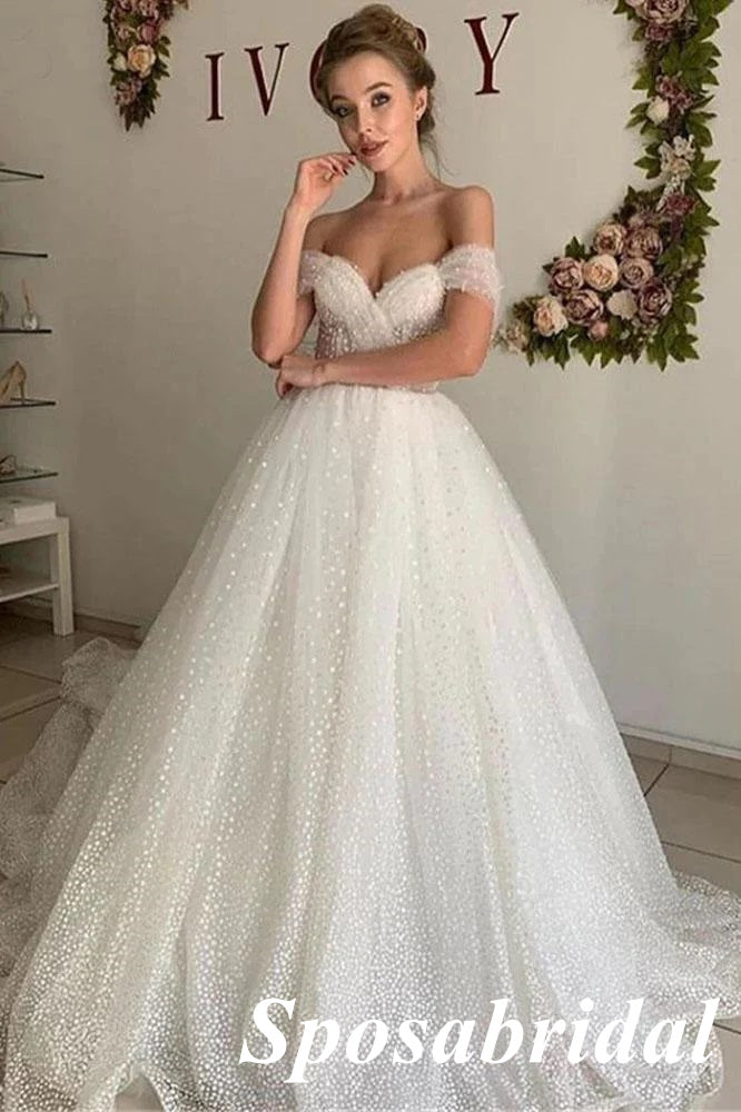 Elegant Off Shoulder V-Neck Sleeveless A-Line Long Wedding Dresses, WD3103