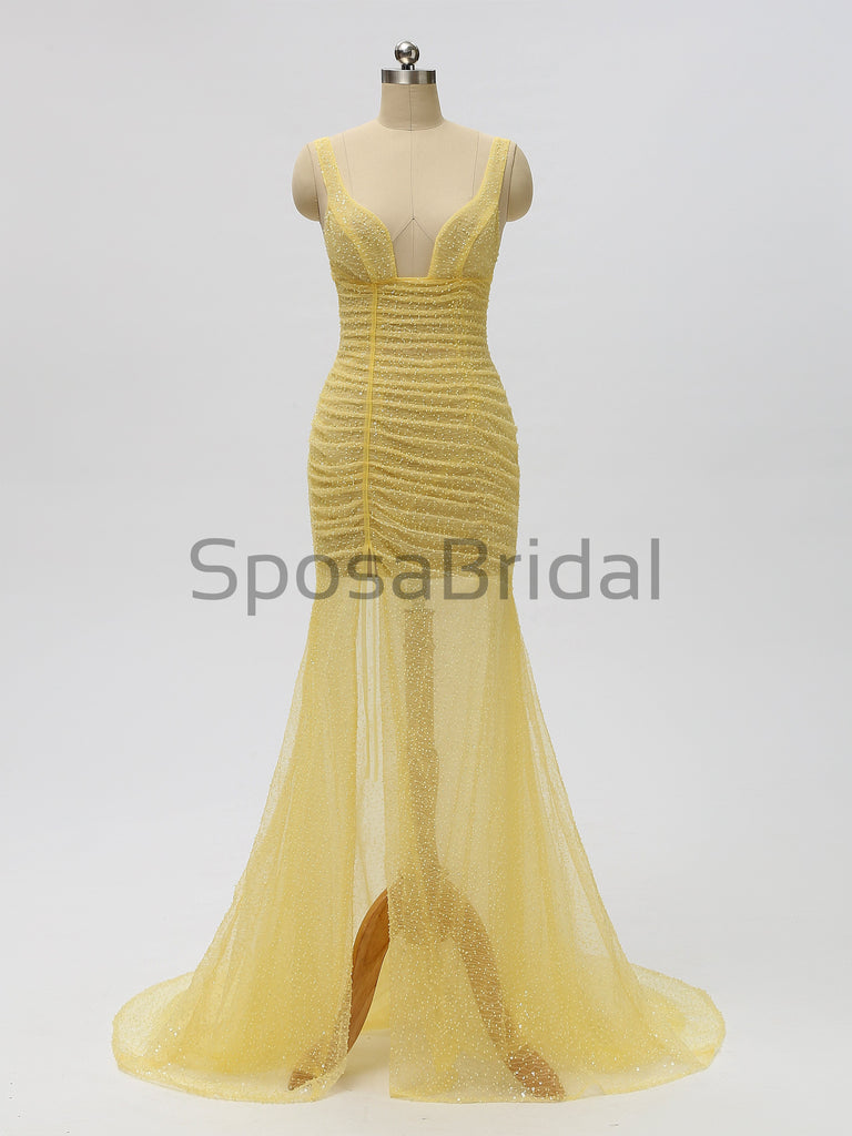 Sparkly Charming Modest Yellow Sequin Mermaid Long Prom Dresses, PD1027
