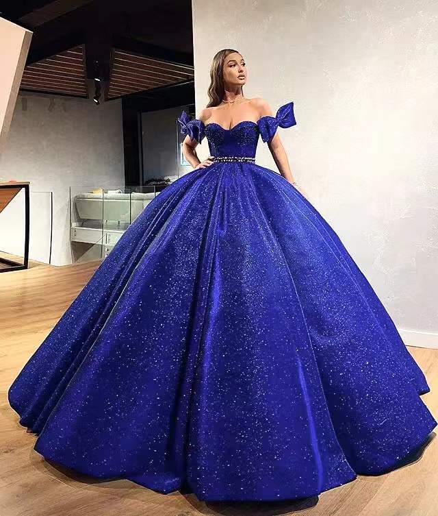 A-line Blue Gorgeous Off the Shoulder Sparkly Formal Prom Dresses, Ball gown PD1506