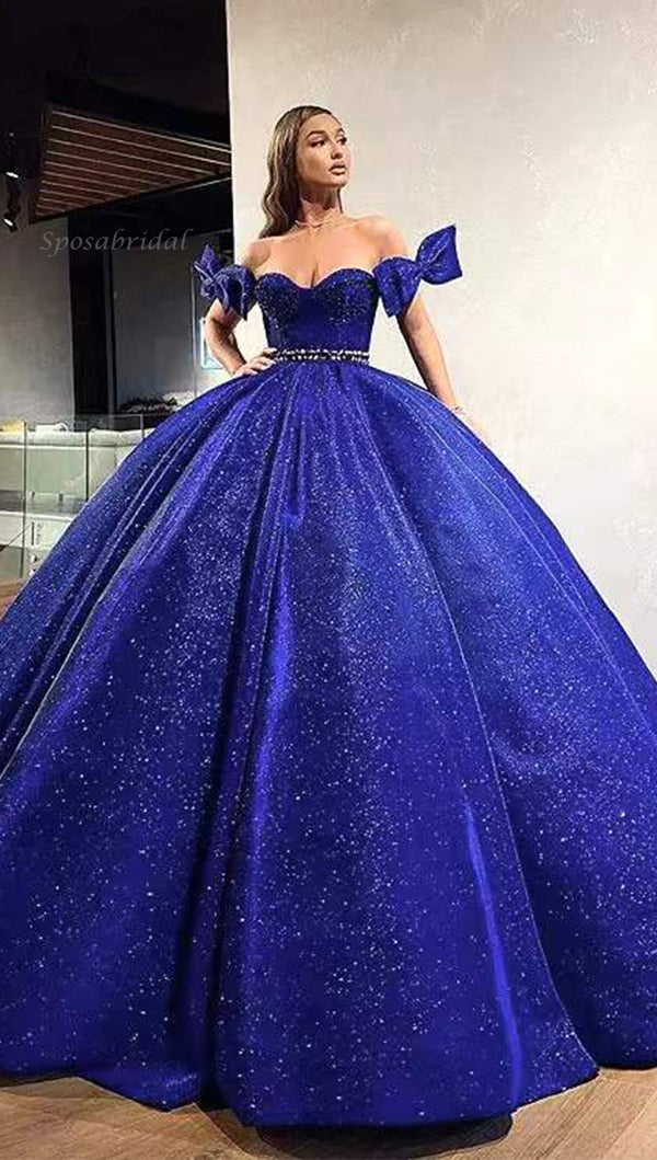 A-line Blue Gorgeous Off the Shoulder Sparkly Formal Prom Dresses, Bal – SposaBridal