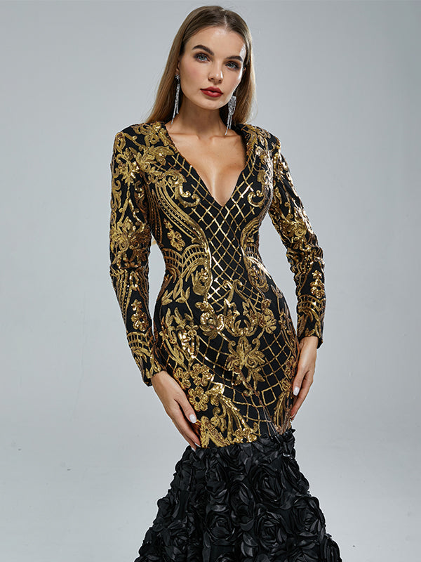 Luxurious Long Sleeves V-neck Gold Lace Black-rose Trumpet Mermaid Lon SposaBridal Luxurious Long Sleeves V-neck Gold Lace Black-rose Trumpet Mermaid Lon SposaBridal